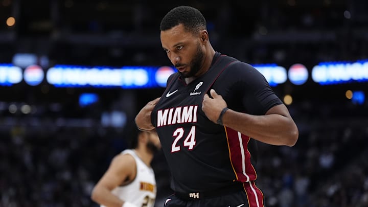 Nov 5, 2025; Denver, Colorado, USA; Miami Heat guard Norman Powell (24) reacts during the second half against the Denver Nuggets at Ball Arena. Mandatory Credit: Ron Chenoy-Imagn Images