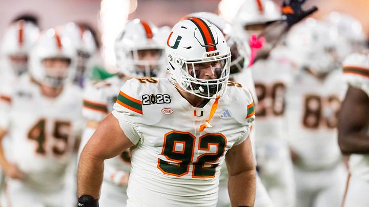 Jan 19, 2026; Miami Gardens, FL, USA; Miami Hurricanes defensive lineman Samuel Coufal (92) against the Indiana Hoosiers during the College Football Playoff National Championship game at Hard Rock Stadium. Mandatory Credit: Mark J. Rebilas-Imagn Images