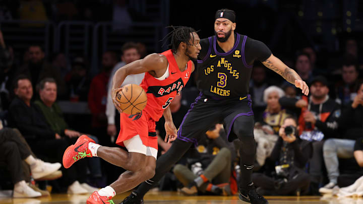 Jan 9, 2024; Los Angeles, California, USA; Toronto Raptors guard Immanuel Quickley (5) attacks the