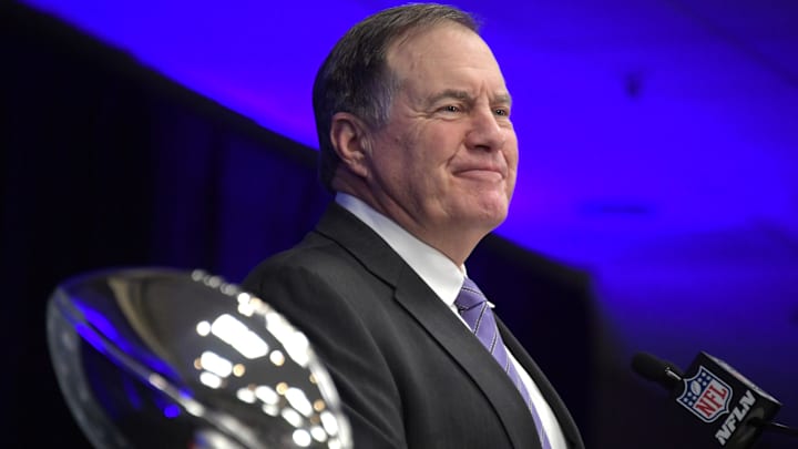 Feb 4, 2019; Atlanta, GA, USA; New England Patriots coach Bill Belichick speaks flanked by the Vince Lombardi trophy during Super Bowl LIII winning team press conference at Georgia World Congress Center. The Patriots defeated the Los Angeles Rams 13-3 to win an NFL record-tying sixth championship Mandatory Credit: Kirby Lee-Imagn Images Feb 4, 2019; Atlanta, GA, USA; New England Patriots coach Bill Belichick speaks flanked by the Vince Lombardi trophy during Super Bowl LIII winning team press conference at Georgia World Congress Center. The Patriots defeated the Los Angeles Rams 13-3 to win an NFL record-tying sixth championship Mandatory Credit: Kirby Lee-Imagn Images