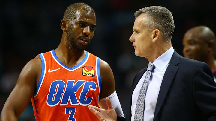 Dec 27, 2019; Charlotte, North Carolina, USA; Oklahoma City Thunder guard Chris Paul (3) talks with head coach Billy Donovan during the first half at Spectrum Center. Mandatory Credit: Jeremy Brevard-Imagn Images
