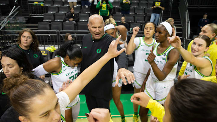 Oregon women's coach Kelly Graves brings his team together before their game against California Baptist University at Matthew Knight Arena in Eugene Monday, Nov. 4, 2024. Oregon women's coach Kelly Graves brings his team together before their game against California Baptist University at Matthew Knight Arena in Eugene Monday, Nov. 4, 2024.