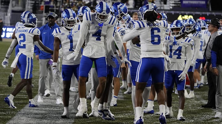 Sep 6, 2024; Evanston, Illinois, USA; Duke Blue Devils wide receiver Eli Pancol (4) celebrates his touchdown against the Northwestern Wildcats  during the first half at Lanny and Sharon Martin Stadium. Mandatory Credit: David Banks-Imagn Images