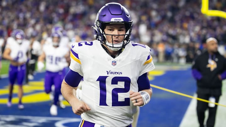 Jan 13, 2025; Glendale, AZ, USA; Minnesota Vikings quarterback Nick Mullens (12) against the Los Angeles Rams during an NFC wild card game at State Farm Stadium. Jan 13, 2025; Glendale, AZ, USA; Minnesota Vikings quarterback Nick Mullens (12) against the Los Angeles Rams during an NFC wild card game at State Farm Stadium.