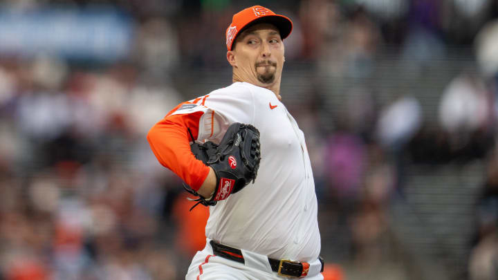 Jul 9, 2024; San Francisco, California, USA;  San Francisco Giants starting pitcher Blake Snell (7) delivers a pitch against the Toronto Blue Jays during the first inning at Oracle Park.
