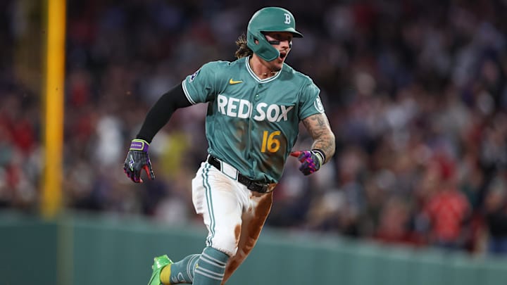 May 8, 2026; Boston, Massachusetts, USA; Boston Red Sox left fielder Jarren Duran (16) runs to third during the seventh inning against the Tampa Bay Rays at Fenway Park. Mandatory Credit: Paul Rutherford-Imagn Images