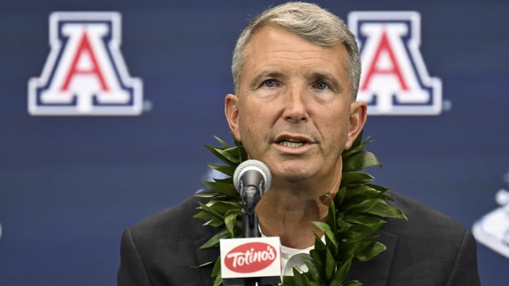 Jul 10, 2024; Las Vegas, NV, USA; Arizona Wildcats head coach Brent Brennan speaks to the media during the Big 12 Media Days at Allegiant Stadium Jul 10, 2024; Las Vegas, NV, USA; Arizona Wildcats head coach Brent Brennan speaks to the media during the Big 12 Media Days at Allegiant Stadium