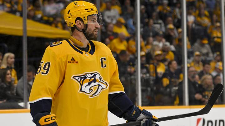 Mar 21, 2026; Nashville, Tennessee, USA;  Nashville Predators defenseman Roman Josi (59) awaits the face-off against the Vegas Golden Knights during the third period at Bridgestone Arena. Mandatory Credit: Steve Roberts-Imagn Images