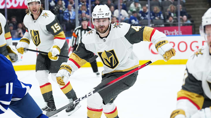 Jan 23, 2026; Toronto, Ontario, CAN; Vegas Golden Knights defenceman Rasmus Andersson (4) follows the play against the Toronto Maple Leafs during the third period at Scotiabank Arena. Mandatory Credit: Nick Turchiaro-Imagn Images