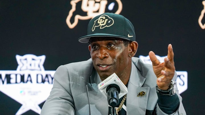Jul 9, 2025; Frisco, TX, USA; Colorado head coach Deion Sanders speaks with the media during 2025 Big 12 Football Media Days at The Star.