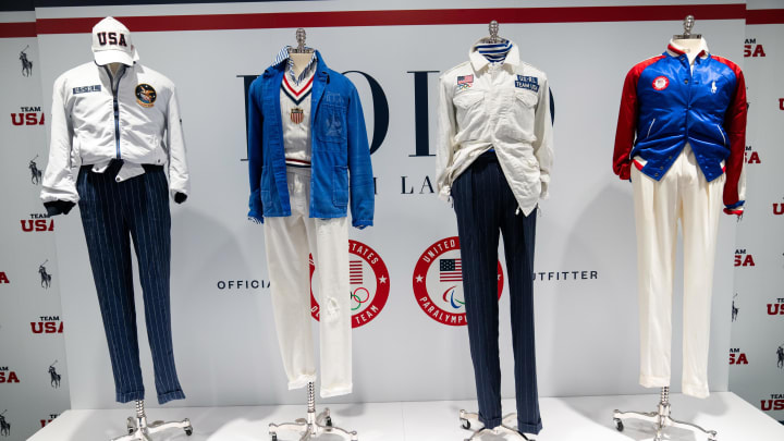 Apr 15, 2024; New York, NY, USA; Team USA-themed apparel from Polo Ralph Lauren is on display during the Team USA Media Summit in New York City on Monday, April 15, 2024.Mandatory Credit: Josh Morgan-USA TODAY