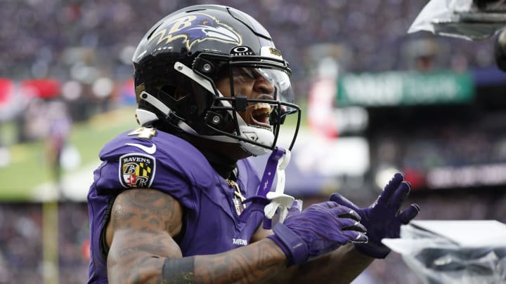 Jan 28, 2024; Baltimore, Maryland, USA; Baltimore Ravens wide receiver Zay Flowers (4) celebrates after scoring a touchdown against the Kansas City Chiefs during the first half in the AFC Championship football game at M&T Bank Stadium. Mandatory Credit: Geoff Burke-USA TODAY Sports Jan 28, 2024; Baltimore, Maryland, USA; Baltimore Ravens wide receiver Zay Flowers (4) celebrates after scoring a touchdown against the Kansas City Chiefs during the first half in the AFC Championship football game at M&T Bank Stadium. Mandatory Credit: Geoff Burke-USA TODAY Sports