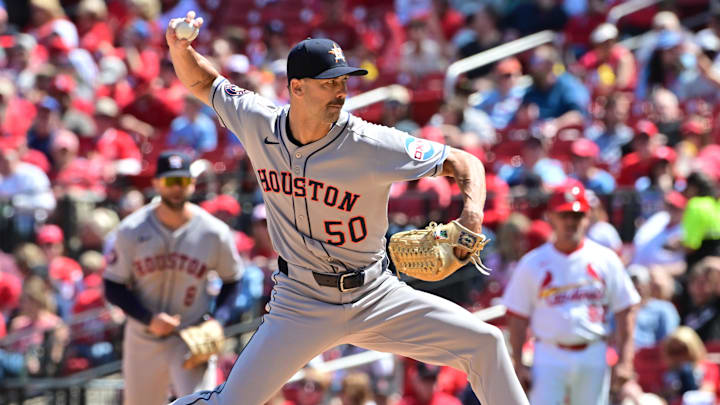 Apr 16, 2025; St. Louis, Houston Astros pitcher Tayler Scott (50) throws in relief in the seventh inning against the St. Louis Cardinals at Busch Stadium. Apr 16, 2025; St. Louis, Houston Astros pitcher Tayler Scott (50) throws in relief in the seventh inning against the St. Louis Cardinals at Busch Stadium.
