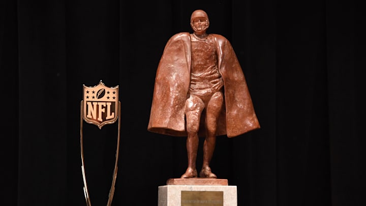 Feb 3, 2018; Minneapolis, MN, USA; Walter Payton NFL Man of the Year trophy and the NFL Honors trophy during media availabilities during the NFL Honors show at Cyrus Northrop Memorial Auditorium at the University of Minnesota. Mandatory Credit: Kirby Lee-Imagn Images