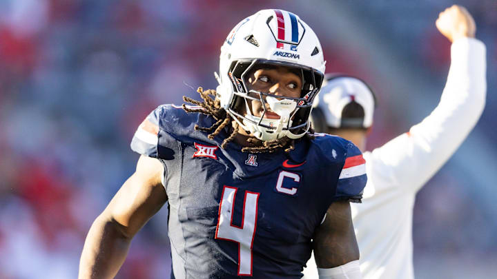 Nov 8, 2025; Tucson, Arizona, USA; Arizona Wildcats linebacker Max Harris (4) against the Kansas Jayhawks in the second half at Arizona Stadium. Mandatory Credit: Mark J. Rebilas-Imagn Images