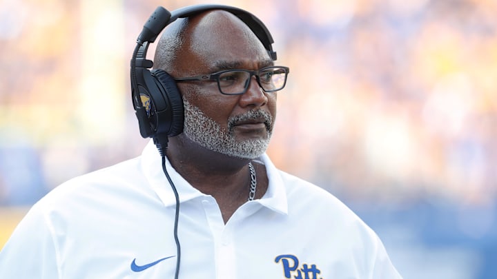 Sep 2, 2023; Pittsburgh, Pennsylvania, USA;  Pittsburgh Panthers running backs coach Andre Powell looks on against the Wofford Terriers during the second quarter at Acrisure Stadium. Mandatory Credit: Charles LeClaire-Imagn Images
