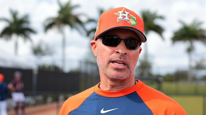 Astros manager Joe Espada speaks to reporters before a spring training workout at CACTI Park of The Palm Beaches