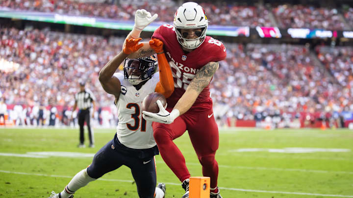 Arizona's Trey McBride scores after Kevin Byard in coverage for the Bears last season.