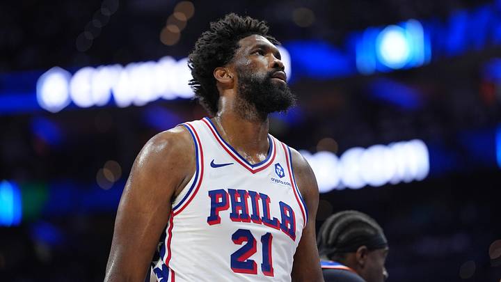May 10, 2026; Philadelphia, Pennsylvania, USA; Philadelphia 76ers center Joel Embiid (21) looks on against the New York Knicks in the second quarter during game four of the second round of the 2026 NBA Playoffs at Xfinity Mobile Arena. Mandatory Credit: Kyle Ross-Imagn Images May 10, 2026; Philadelphia, Pennsylvania, USA; Philadelphia 76ers center Joel Embiid (21) looks on against the New York Knicks in the second quarter during game four of the second round of the 2026 NBA Playoffs at Xfinity Mobile Arena. Mandatory Credit: Kyle Ross-Imagn Images