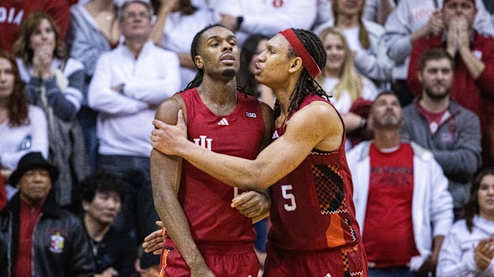 Indiana Hoosiers forward Malik Reneau (5) consoles forward Mackenzie Mgbako (21) after a missed shot at the end of the second half against the UCLA Bruins at Simon Skjodt Assembly Hall. Indiana Hoosiers forward Malik Reneau (5) consoles forward Mackenzie Mgbako (21) after a missed shot at the end of the second half against the UCLA Bruins at Simon Skjodt Assembly Hall.