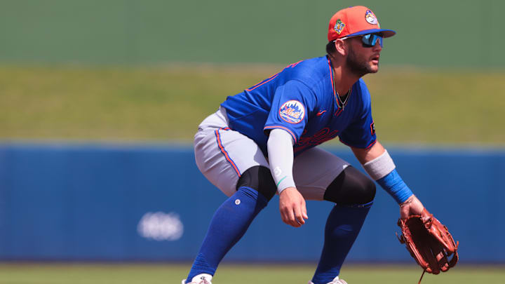Mar 5, 2026; West Palm Beach, Florida, USA; New York Mets third baseman Bo Bichette (19) defends his position against the Washington Nationals during the first inning at CACTI Park of the Palm Beaches. Mandatory Credit: Sam Navarro-Imagn Images