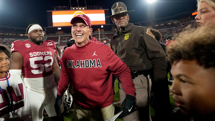 Oklahoma coach Brent Venables celebrates after a college football game between the University of Oklahoma Sooners (OU) and the LSU Tigers at Gaylord Family – Oklahoma Memorial Stadium in Norman, Okla., Saturday, Nov. 29, 2025. Oklahoma won 17-13.