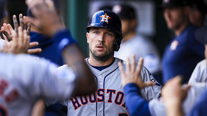 Sep 4, 2024; Cincinnati, Ohio, USA; Houston Astros third baseman Alex Bregman (2) high fives teammates after scoring on a RBI single hit by outfielder Ben Gamel (not pictured) in the second inning against the Cincinnati Reds at Great American Ball Park. Mandatory Credit: Katie Stratman-Imagn Images Sep 4, 2024; Cincinnati, Ohio, USA; Houston Astros third baseman Alex Bregman (2) high fives teammates after scoring on a RBI single hit by outfielder Ben Gamel (not pictured) in the second inning against the Cincinnati Reds at Great American Ball Park. Mandatory Credit: Katie Stratman-Imagn Images