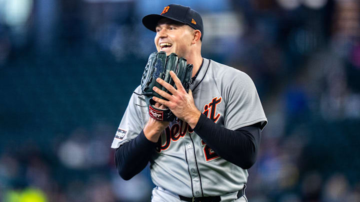 Apr 2, 2025; Seattle, Washington, USA;  Detroit Tigers starting pitcher Tarik Skubal (29) smiles while walking of the at the end of first inning against the Seattle Mariners at T-Mobile Park.