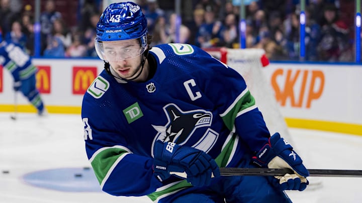 Jan 24, 2024; Vancouver, British Columbia, CAN; Vancouver Canucks defenseman Quinn Hughes (43)