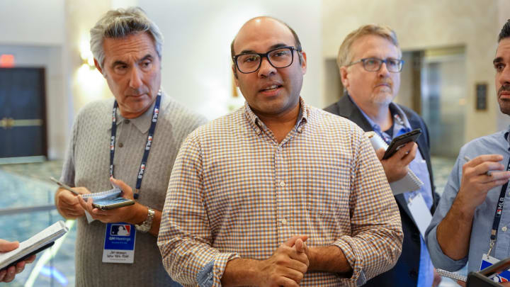 Nov 9, 2022; Las Vegas, NV, USA; San Francisco Giants president of baseball operations Farhan Zaidi answers questions from the media during the MLB GM Meetings at The Conrad Las Vegas.
