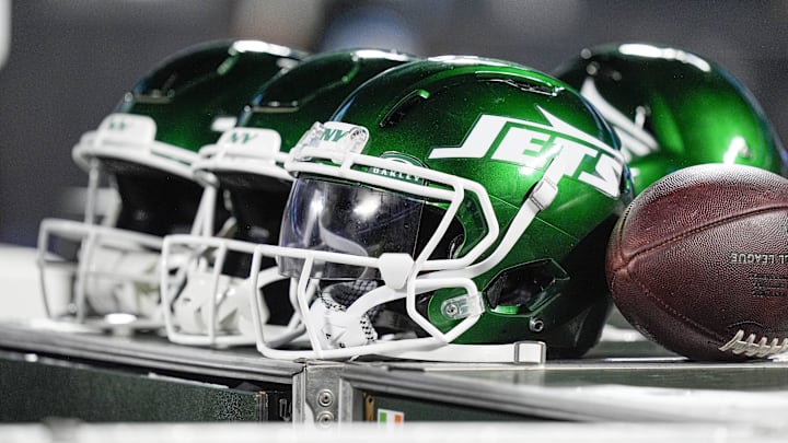 Aug 17, 2024; Charlotte, North Carolina, USA; New York Jets helmets during the second half against the Carolina Panthers at Bank of America Stadium. Mandatory Credit: Jim Dedmon-Imagn Images