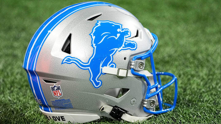 Helmet of Detroit Lions place kicker Jake Bates (not in the photo) before the NFC divisional round between Detroit Lions and Washington Commanders] at Ford Field in Detroit on Saturday, Jan. 18, 2025.