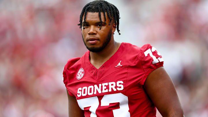 Aug 30, 2025; Norman, Oklahoma, USA;  Oklahoma Sooners offensive lineman Isaiah Dent (73) before the game against the Illinois State Redbirds at Gaylord Family-Oklahoma Memorial Stadium. Mandatory Credit: Kevin Jairaj-Imagn Images