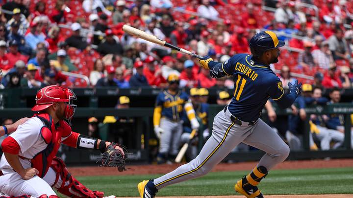 May 6, 2026; St. Louis, Missouri, USA; Milwaukee Brewers left fielder Jackson Chourio (11) hits a single against the St. Louis Cardinals during the third inning at Busch Stadium. Mandatory Credit: Jeff Curry-Imagn Images