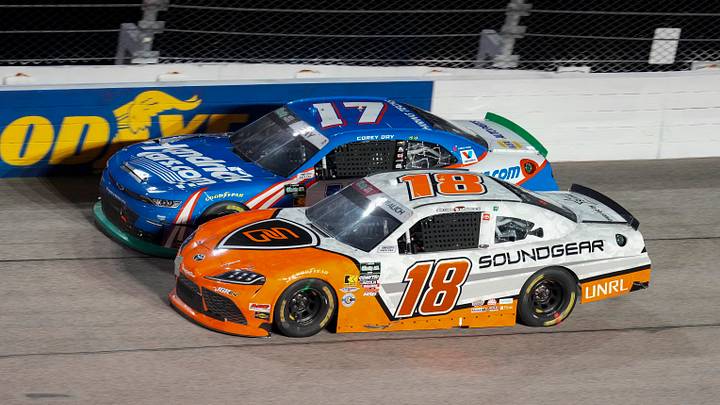 Sep 5, 2026; Darlington, South Carolina, USA; Joe Gibbs Racing driver William Sawalich (18) pulls alongside Hendrick Motorsports driver Corey Day (17) during a caution after the two collided during the Fleetio 200 at Darlington Raceway. Jim Dedmon Sep 5, 2026; Darlington, South Carolina, USA; Joe Gibbs Racing driver William Sawalich (18) pulls alongside Hendrick Motorsports driver Corey Day (17) during a caution after the two collided during the Fleetio 200 at Darlington Raceway. Jim Dedmon
