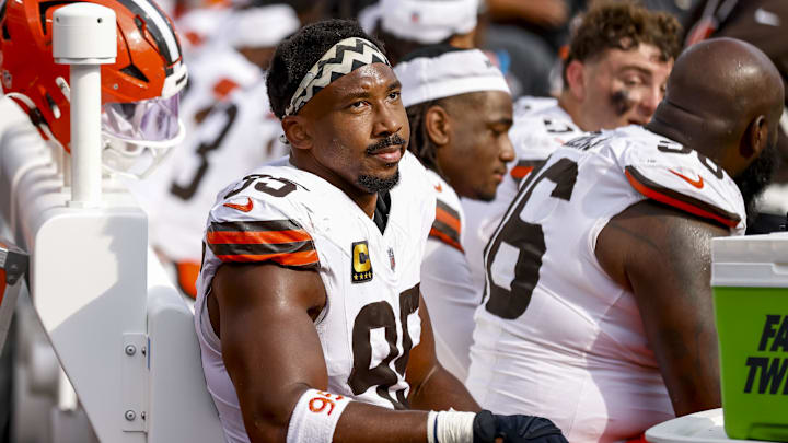 The Browns' fearsome defense, ranked first in the NFL in total yards allowed per game, is led by Garrett (#95). 