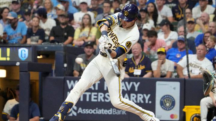 Aug 18, 2026; Milwaukee, Wisconsin, USA; Milwaukee Brewers designated hitter Christian Yelich (22) hits a home run against the Seattle Mariners in the fifth inning at American Family Field. Mandatory Credit: Michael McLoone-Imagn Images Aug 18, 2026; Milwaukee, Wisconsin, USA; Milwaukee Brewers designated hitter Christian Yelich (22) hits a home run against the Seattle Mariners in the fifth inning at American Family Field. Mandatory Credit: Michael McLoone-Imagn Images