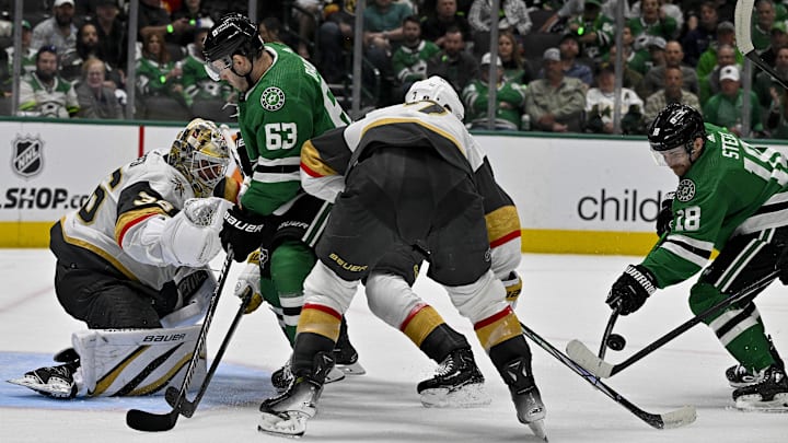Apr 24, 2024; Dallas, Texas, USA; Vegas Golden Knights goaltender Logan Thompson (36) faces a shot