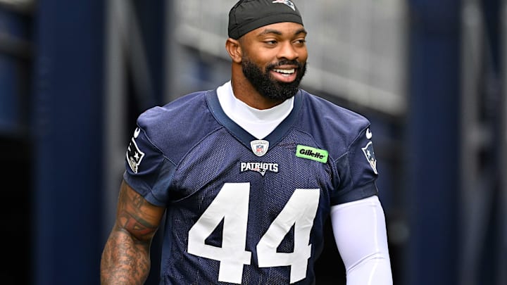 Jun 9, 2025; Foxborough, MA, USA; New England Patriots linebacker K'Lavon Chaisson (44) walks to the practice fields at Gillette Stadium. Mandatory Credit: Eric Canha-Imagn Images