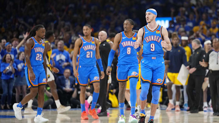 Jun 22, 2025; Oklahoma City, Oklahoma, USA; Oklahoma City Thunder guard Alex Caruso (9) reacts after a play against the Indiana Pacers during the second half of game seven of the 2025 NBA Finals at Paycom Center. Mandatory Credit: Kyle Terada-Imagn Images