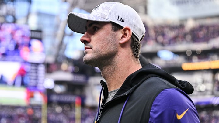 Dec 1, 2024; Minneapolis, Minnesota, USA; Newly acquired Minnesota Vikings quarterback Daniel Jones walks off the field after the game against the Arizona Cardinals at U.S. Bank Stadium. Mandatory Credit: Jeffrey Becker-Imagn Images Dec 1, 2024; Minneapolis, Minnesota, USA; Newly acquired Minnesota Vikings quarterback Daniel Jones walks off the field after the game against the Arizona Cardinals at U.S. Bank Stadium. Mandatory Credit: Jeffrey Becker-Imagn Images
