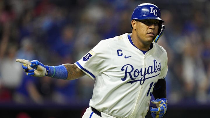 Sep 4, 2025; Kansas City, Missouri, USA; Kansas City Royals catcher Salvador Perez (13) gestures to the dugout after hitting a home run during the seventh inning against the Los Angeles Angels at Kauffman Stadium. Mandatory Credit: Jay Biggerstaff-Imagn Images Sep 4, 2025; Kansas City, Missouri, USA; Kansas City Royals catcher Salvador Perez (13) gestures to the dugout after hitting a home run during the seventh inning against the Los Angeles Angels at Kauffman Stadium. Mandatory Credit: Jay Biggerstaff-Imagn Images