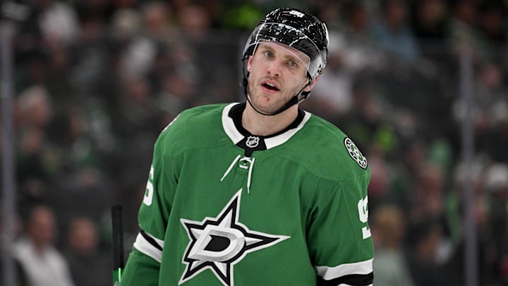 Apr 8, 2025; Dallas, Texas, USA; Dallas Stars right wing Mikko Rantanen (96) looks on during the second period against the Vancouver Canucks at the American Airlines Center. Mandatory Credit: Jerome Miron-Imagn Images
