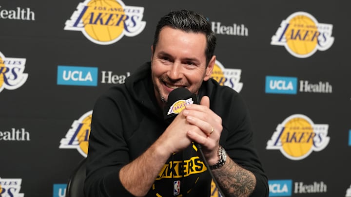 Jan 15, 2026; Los Angeles, California, USA; Los Angeles Lakers head coach JJ Redick at press conference at the Crypto.com Arena. Mandatory Credit: Kirby Lee-Imagn Images