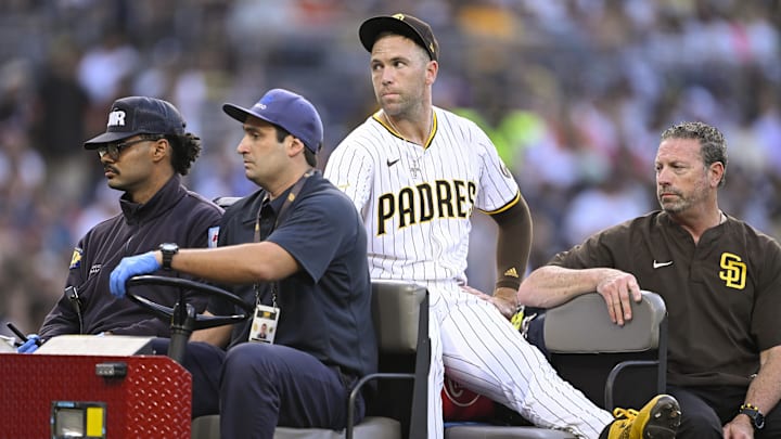 Sep 1, 2025; San Diego, California, USA; San Diego Padres relief pitcher Jason Adam (40) is taken away in a cart after being injured during the seventh inning against the Baltimore Orioles at Petco Park.  Mandatory Credit: Denis Poroy-Imagn Images