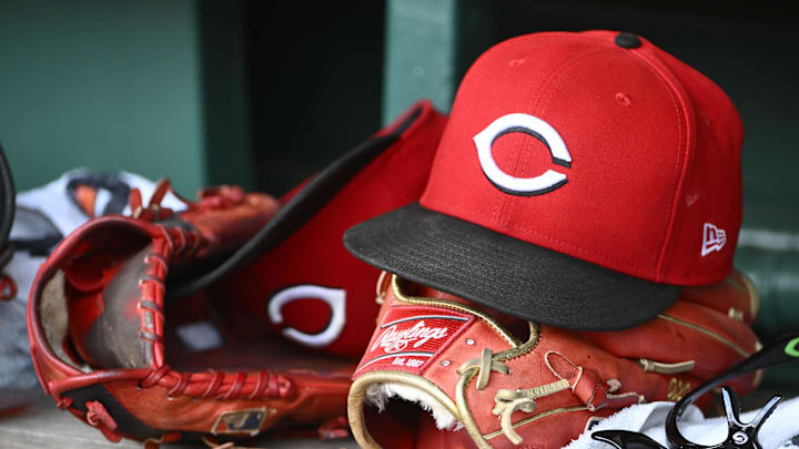 Jul 23, 2025; Washington, District of Columbia, USA; General view of Cincinnati Reds hat during the game against the Washington Nationals at Nationals Park. Mandatory Credit: Brad Mills-Imagn Images