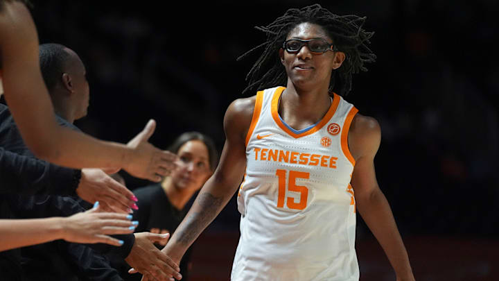 Tennessee guard Jaida Civil (15) subs out in the final moments of the NCAA college basketball game against Missouri on Feb 12, 2026, in Knoxville, Tennessee.