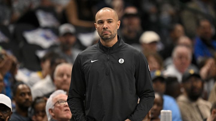 Mar 31, 2025; Dallas, Texas, USA; Brooklyn Nets head coach Jordi Fernandez during the game between the Dallas Mavericks and the Brooklyn Nets at the American Airlines Center. Mandatory Credit: Jerome Miron-Imagn Images