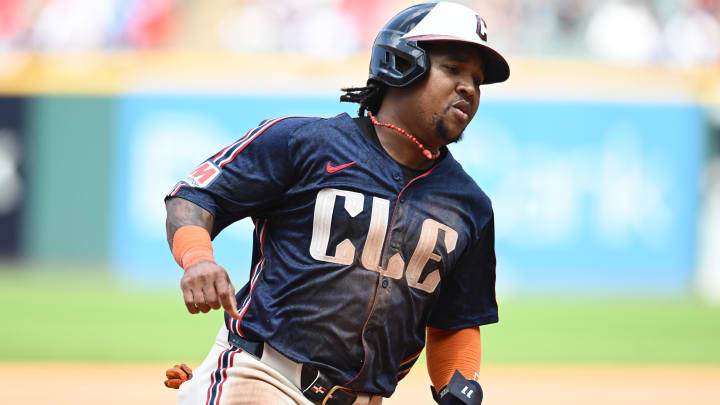 Jun 20, 2024; Cleveland, Ohio, USA; Cleveland Guardians designated hitter Jose Ramirez (11) rounds third base en route to scoring during the fifth inning against the Seattle Mariners at Progressive Field. Mandatory Credit: Ken Blaze-USA TODAY Sports