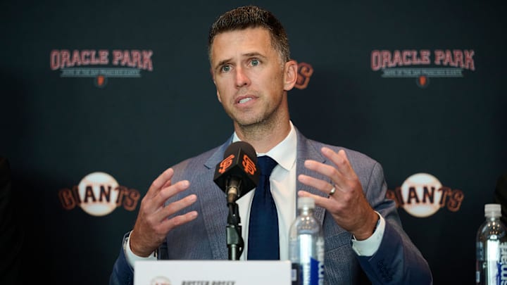 Oct 1, 2024; San Francisco, CA, USA; San Francisco Giants president of baseball operations Buster Posey addresses the media during an introductory press conference at Oracle Park. Oct 1, 2024; San Francisco, CA, USA; San Francisco Giants president of baseball operations Buster Posey addresses the media during an introductory press conference at Oracle Park.